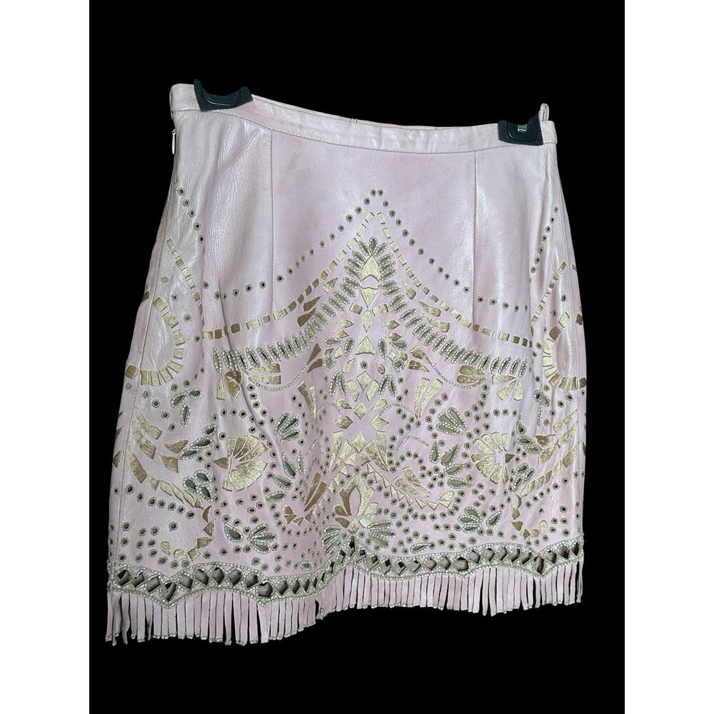 Archival Vintage Valentino Boutique Embellished Pink Leather Fringe Skirt